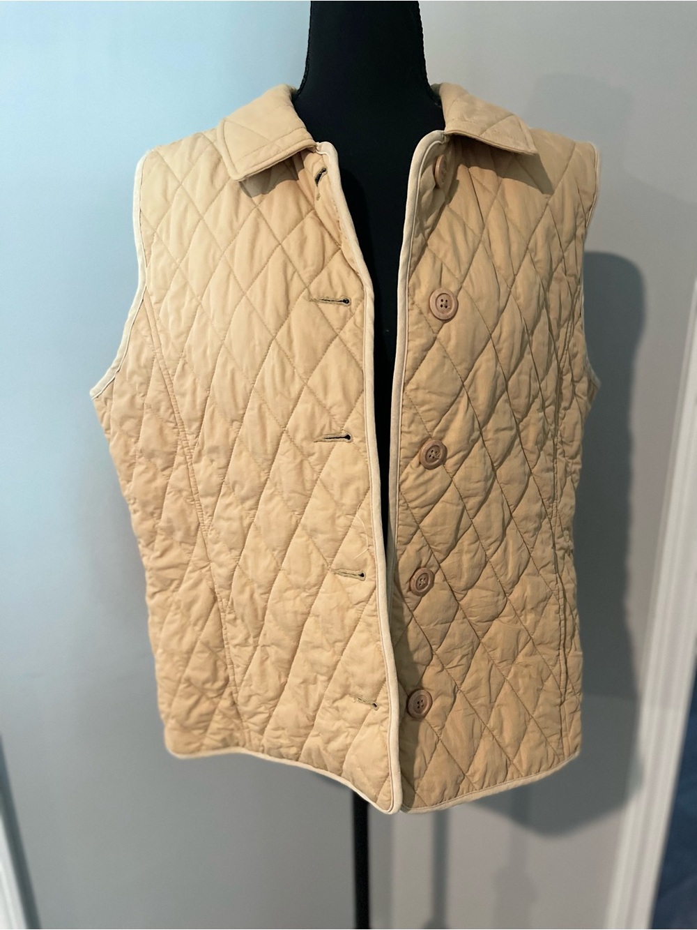 L.L. Bean Quilted Sleeveless Button-Front Vest in Beige
